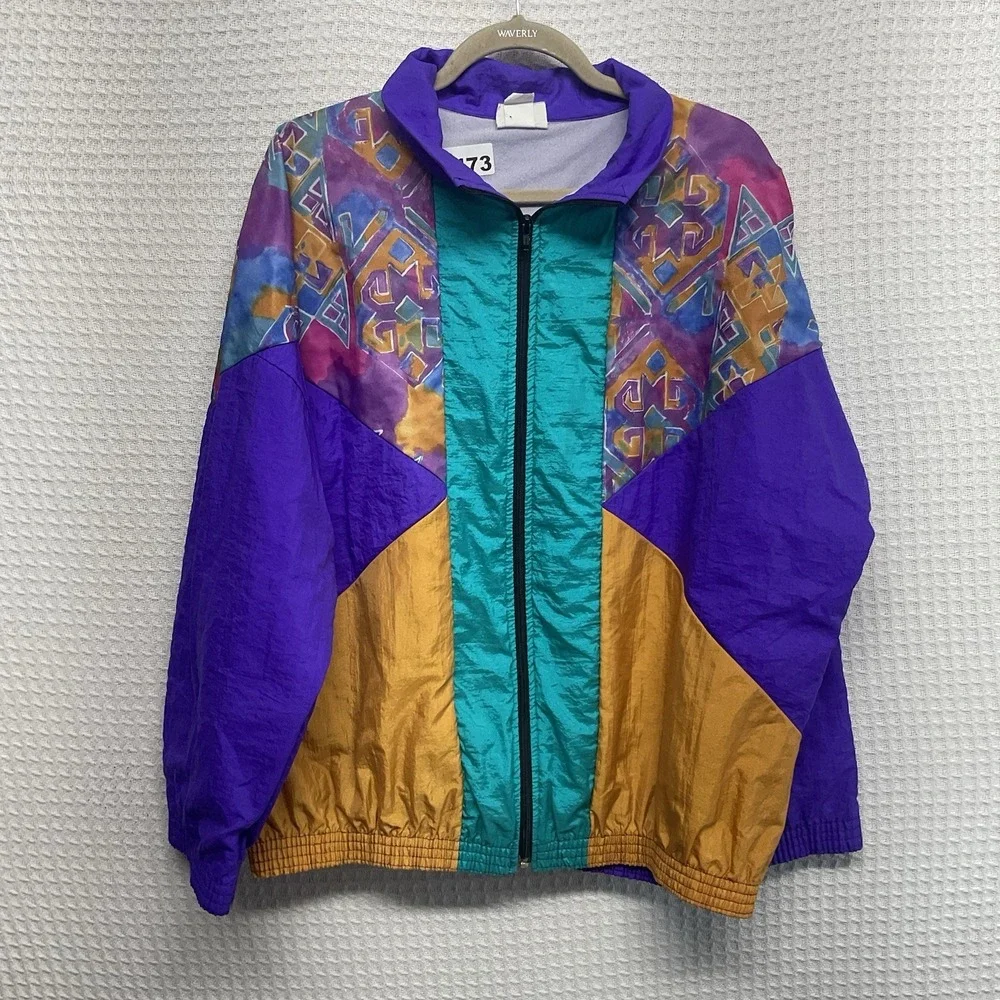 Vintage 90s‎ Jump Women's Blue Purple Colorblock Geometric Windbreaker Jacket L